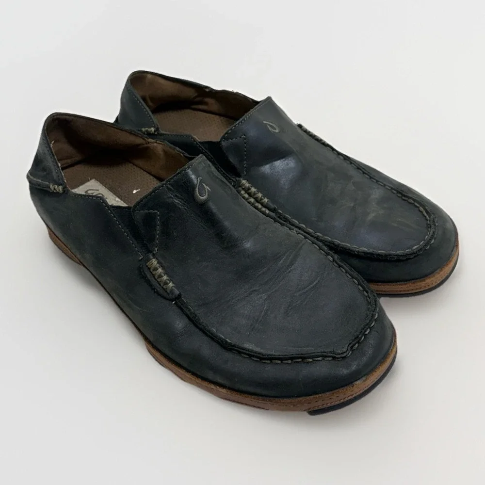 OluKai Moloa Shoes‎ Wood Brown Leather Loafer Slide Men's 10.5 M